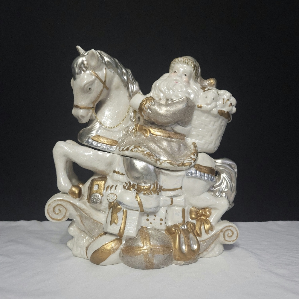 Vintage Ceramic Santa on Horse Cookie Trinket Jar White Gold Silver Sparkle
